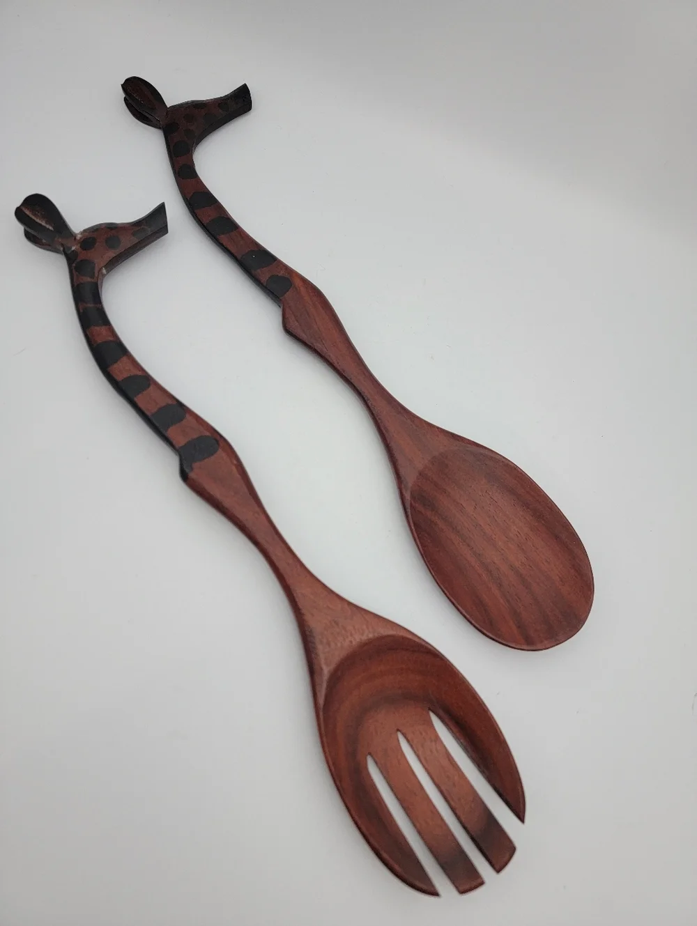 African Theme Carved Giraffe Salad Servers Vintage Utensils Safari Hand Painted